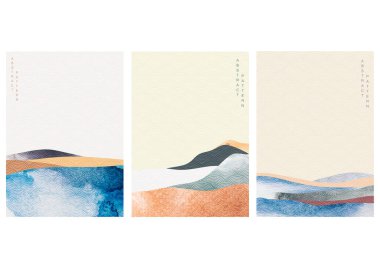 Japon dalga desen vektörüyle soyut peyzaj arkaplanı. Asya tarzında suluboya desen. Dağ Ormanı Şablonu çizimi.