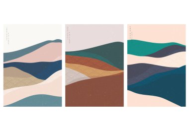 Japon dalga şablon vektörüyle doğal manzara. Dağ ve orman şablonu çizimi.