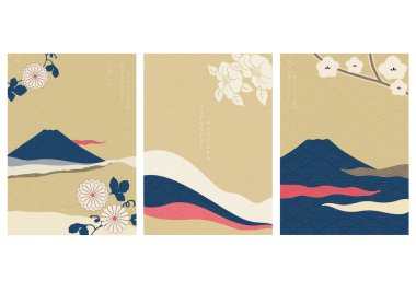 Japon usulü çiçek vektörlü Fuji dağı. Dalga desenli resimli manzara arkaplanı.