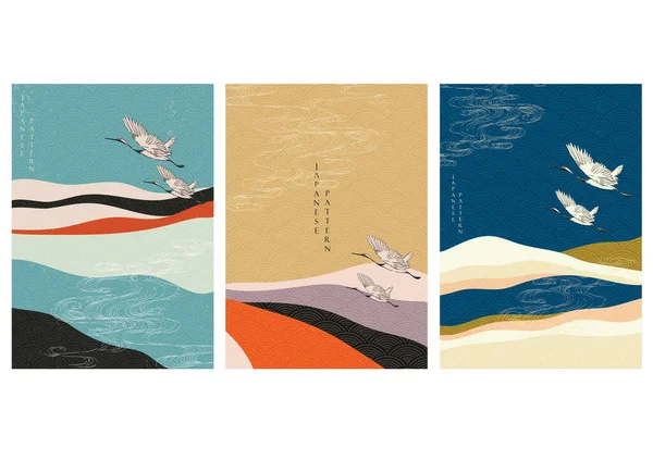 日本模板与鹤鸟向量 带有抽象背景说明的山区森林 — 图库矢量图片