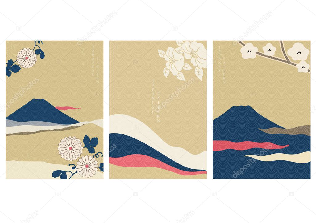 Fuji mountain with flower vector in Japanese style. Landscape background with wave pattern illustration.