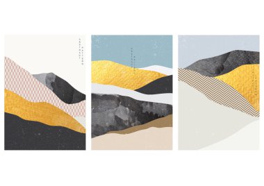 Japon model vektörüyle soyut sanat geçmişi. Geometrik şablonlu sanat manzarası, altın fırça darbesi elementi çizimi. Suluboya dokusu.