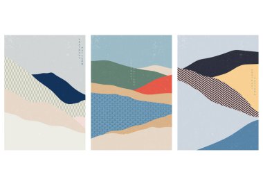 El çizimi dalga vektörüyle Japon arka planı. Geometrik desenli soyut şablon. Doğu tarzında dağ yerleşimi tasarımı. 