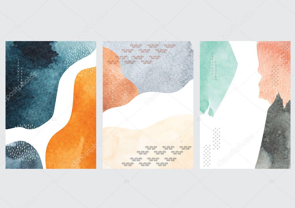 Japanese background with watercolor texture vector. Abstract template with geometric pattern in Asian style. 