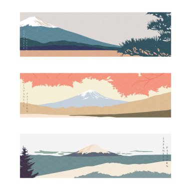 Fuji Dağı ve Japon dalga desen vektörü. Doğal peyzaj afişi. Soyut sanat arkaplanı.