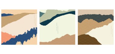 Japonca şablon vektörüyle doğal manzara. Geometrik elementlerle dolu bir dağ ormanı şablonu. Geniş duvar kağıdını özetle.