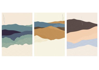 Japon dalga şablon vektörüyle sanat manzarası arka planı. Eğri elemanlı soyut şablon. Dağ ormanları klasik tarzda dizayn ediliyor.