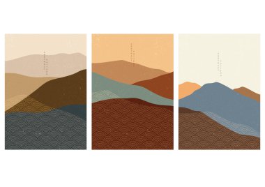 Japon dalga desenli dağ ormanları. Geometrik desenli soyut şablon. Doğu tarzında peyzaj düzeni tasarımı. 