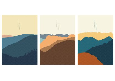 Japonca şablon vektörüyle doğal manzara. Geometrik elementlerle dolu bir dağ ormanı şablonu. Soyut sanat duvar kağıdı.