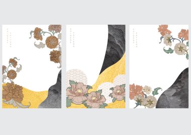 Japon arka plan vektörü. Şakayık çiçeği element vektörü. Geleneksel doğulu poster tasarımı. Altın suluboya desenli soyut şablon.