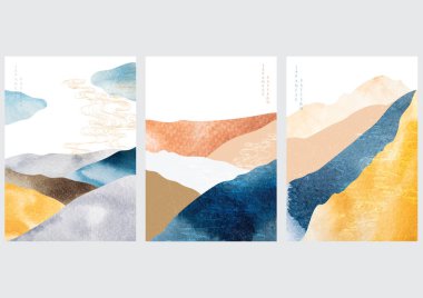 El çizimi dalga vektörüyle Japon arka planı. Geometrik desenli soyut şablon. Suluboya desenli dağ manzarası tasarımı.