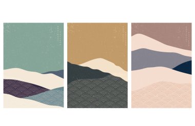 Soyut sanat arka planı ve Japon dalga modeli vektörü. Retro tarzında sanat manzarası. Dağ Ormanı Şablonu.