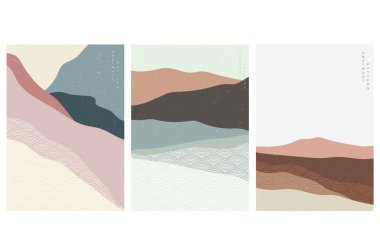 Soyut sanat arka planı ve Japon dalga modeli vektörü. Vintage tarzında sanat manzarası. Dağ Ormanı Şablonu. Eğimli elementler.