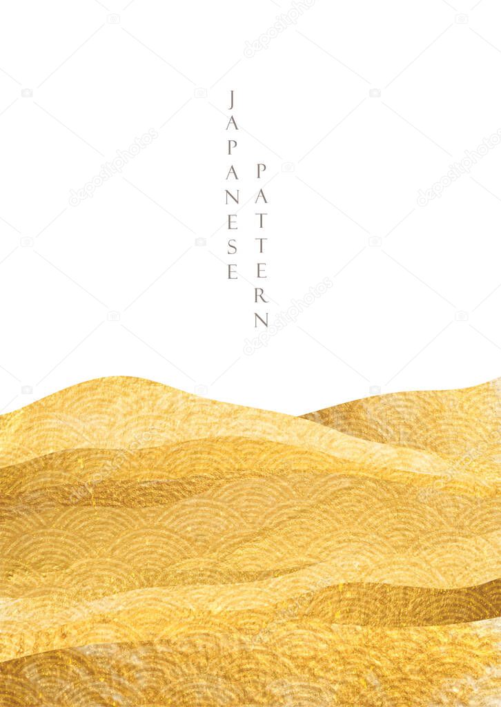 Abstract landscape background with gold texture vector. Japanese wave pattern with mountain template in oriental style.