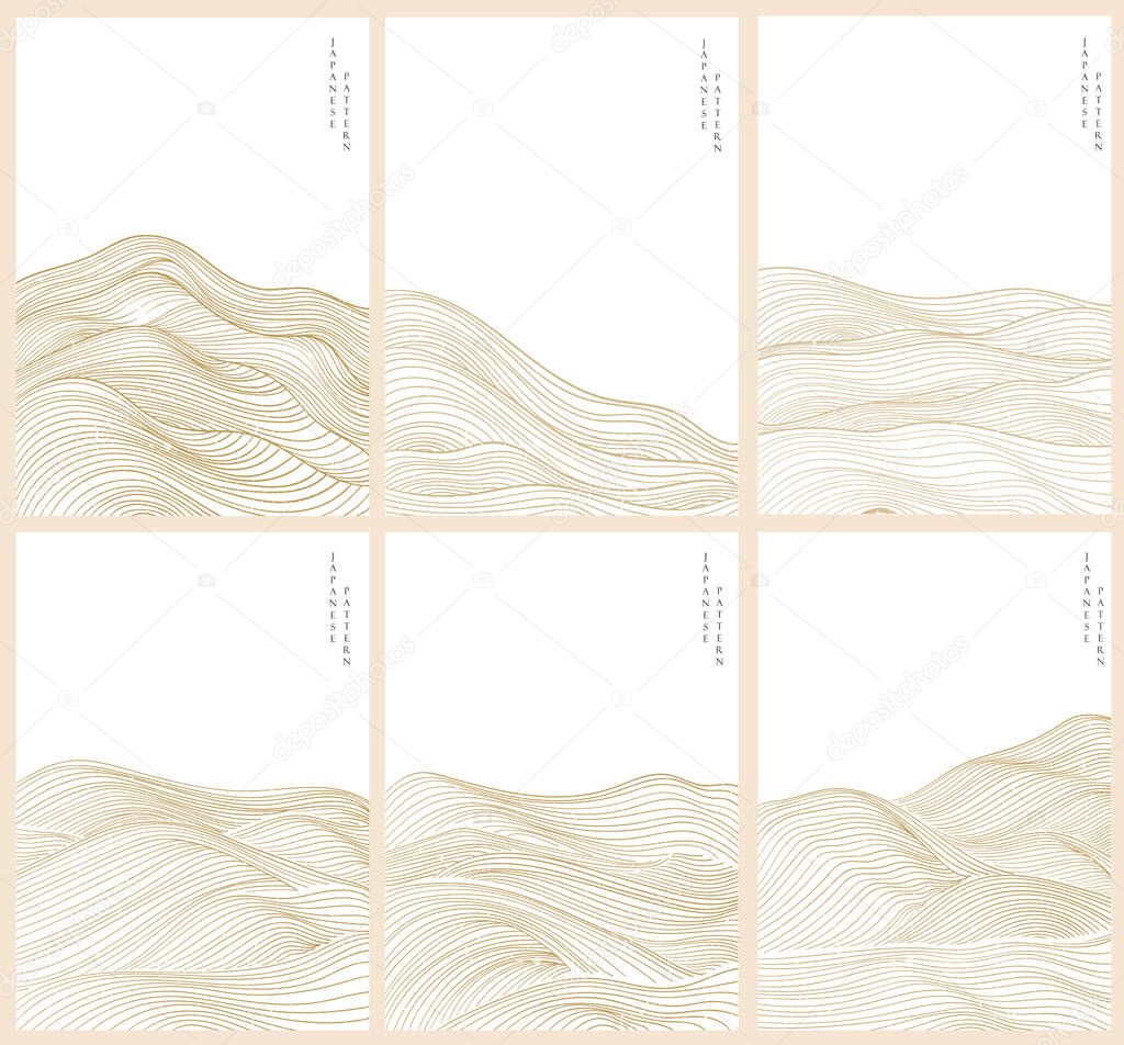 Japanese wave pattern with abstract background vector. Gold line elements template in oriental style.
