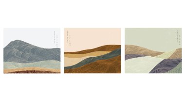 Japon arka planı ve çizgi dalga modeli vektörü. Soyut afiş. Doğu tarzında dağ yerleşimi tasarımı.