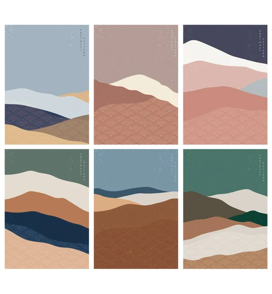 日本の波型ベクトルを用いた抽象美術の背景 ヴィンテージスタイルのアート風景 山林旗 — ストックベクタ