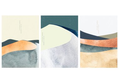 Vinç kuşları ve Japon dalga desen vektörüyle soyut manzara. Çin usulü suluboya desen. Dağ Ormanı Şablonu çizimi.