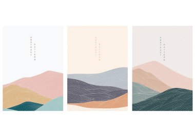 Japonca şablon vektörlü soyut peyzaj. Çizgi elementli dağ şablonu.