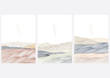 Çizgi şablon vektörüyle soyut manzara arkaplanı. Japon dalga şablonu doğu tarzında. Doğa Sanat Posteri Tasarımı.