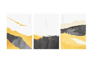 Japon dalga şablon vektörüyle soyut manzara arkaplanı. Altın folyo desenli ve siyah suluboya elementli doğu tarzı dağ ormanı..