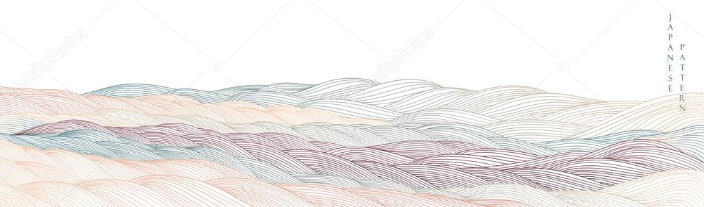 Art landscape background with line pattern vector. Japanese hand drawn wave pattern mountain banner in vintage style.