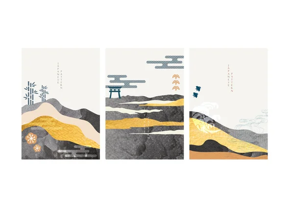 Японське Тло Вектором Текстури Золотої Фольги Абстрактний Ландшафтний Шаблон Намальованою — стоковий вектор