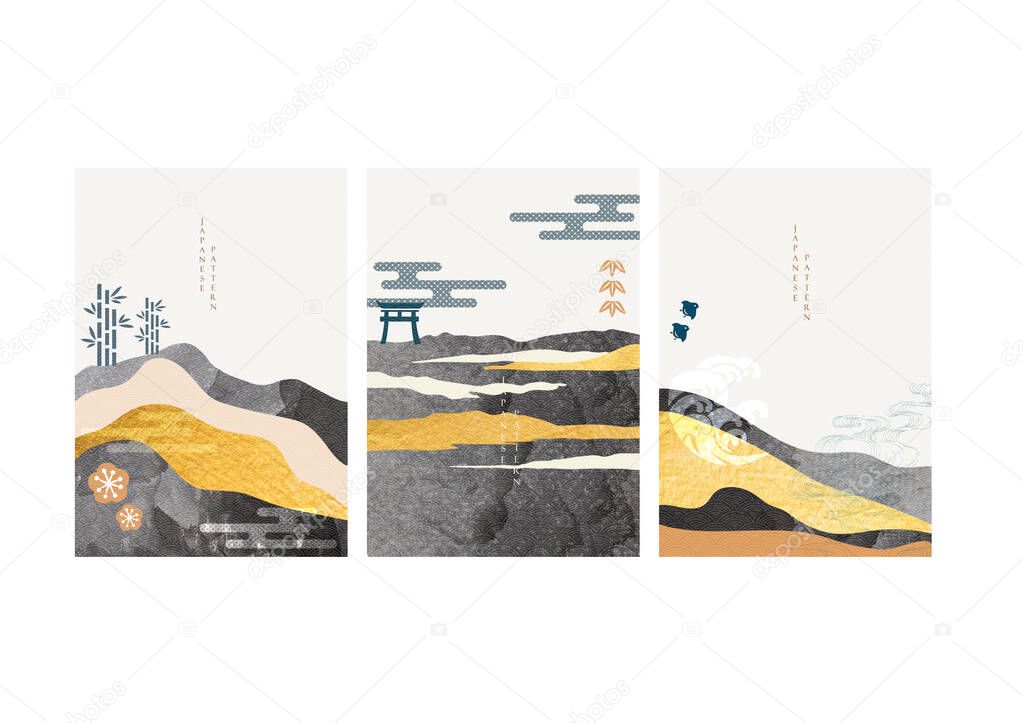 Japanese background with gold foil texture vector. Abstract landscape template with hand drawn wave pattern in oriental style.