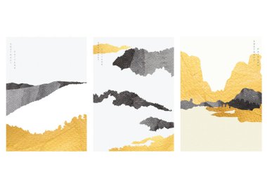 Altın folyo doku vektörlü sanat manzarası. Doğu tarzında siyah suluboya ile soyut arkaplan.