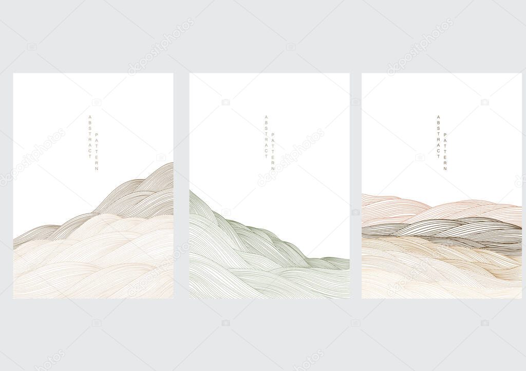 Abstract landscape background with line pattern vector. Japanese wave template  in oriental style. Mountain forest poster design.