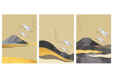 Japon tarzında altın folyo desenli Fuji Dağı. Dalga desenli peyzaj arkaplanı ve siyah suluboya çizimi.