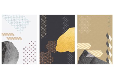 Siyah suluboya desenli ve altın folyo vektörlü geometrik arkaplan. Japon şablonu soyut sıçrama çizimi. 