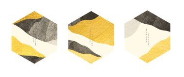 Geometrik elementler vektörüyle Japon arka planı. Doğu tarzında sanat manzarası olan soyut bir şablon. Altın folyo ve siyah suluboya dokusu.