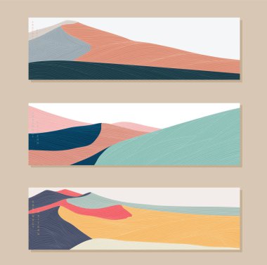 Çizgi şablon vektörüyle soyut manzara arkaplanı. Doğal elementlerle dolu dağ ormanı afişi.