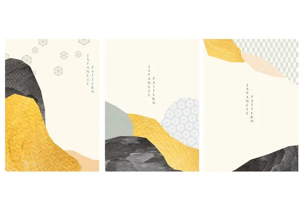抽象的なパターンベクトルを持つ日本語背景 ヴィンテージスタイルの波の要素を持つ水彩テクスチャと金箔 — ストックベクタ