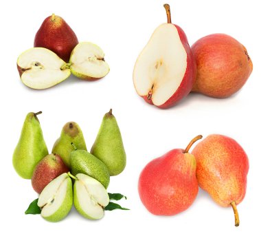 çok büyük, olgun, parlak armut. Armut beyaz bir arka plan, bütün ve kesit.