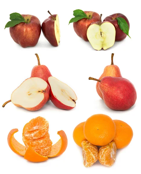A lot of ripe and juicy fruit on a white background. Apples and pears and Mandarin together. — Stock Photo, Image
