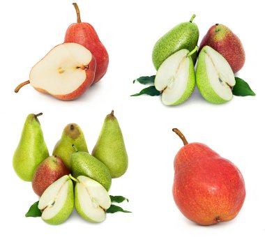 çok büyük, olgun, parlak armut. Armut beyaz bir arka plan, bütün ve kesit.