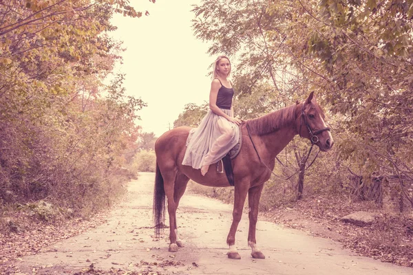 Una joven rubia posando con un caballo, una hermosa chica y un caballo fuerte . — Foto de Stock