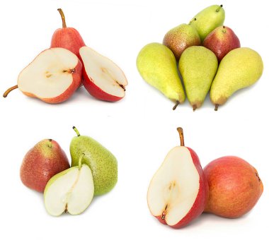 çok büyük, olgun, parlak armut. Armut beyaz bir arka plan, bütün ve kesit.