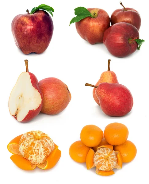 A lot of ripe and juicy fruit on a white background. Apples and pears and Mandarin together. — Stock Photo, Image