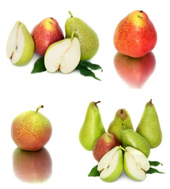 çok büyük, olgun, parlak armut. Armut beyaz bir arka plan, bütün ve kesit.