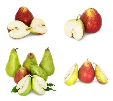 çok büyük, olgun, parlak armut. Armut beyaz bir arka plan, bütün ve kesit.