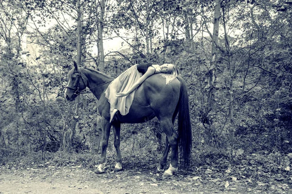 Молода блондинка позує з конем, красивою дівчиною і сильним конем . — стокове фото