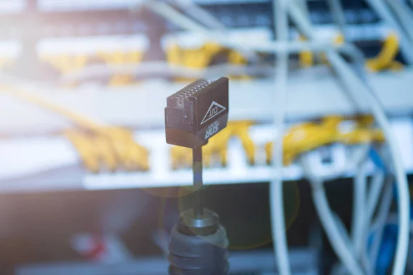 Technology and communication, service cabinets with connected wires, cords. — Stock Photo, Image