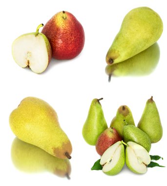 çok büyük, olgun, parlak armut. Armut beyaz bir arka plan, bütün ve kesit.