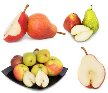 çok büyük, olgun, parlak armut. Armut beyaz bir arka plan, bütün ve kesit.