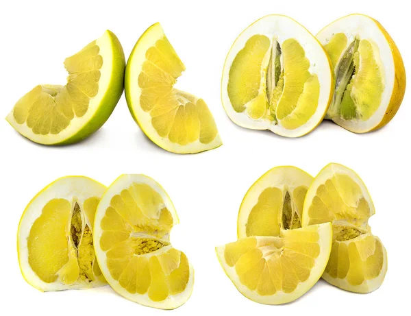 Pamelo big and juicy fruit on a white background, different views on one sheet. Citrus bright color without background. — Stock Photo, Image