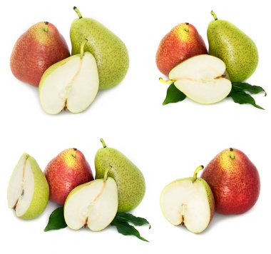 çok büyük, olgun, parlak armut. Armut beyaz bir arka plan, bütün ve kesit.