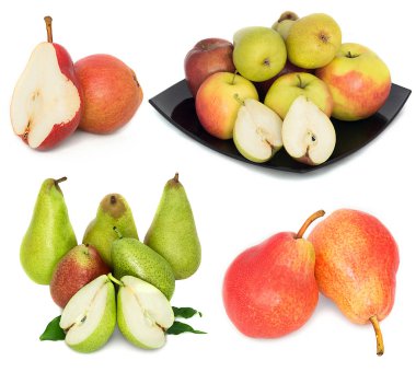 çok büyük, olgun, parlak armut. Armut beyaz bir arka plan, bütün ve kesit.